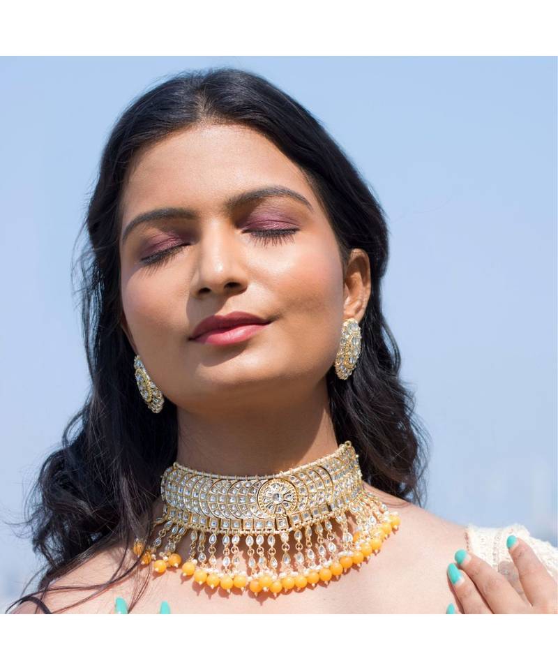 Traditional White Pearl & Kundan Studded Choker Necklace Jewellery Set For Women   