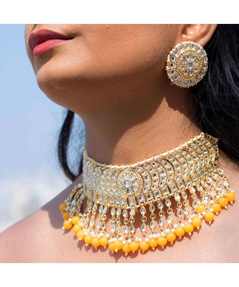 Traditional White Pearl & Kundan Studded Choker Necklace Jewellery Set For Women   