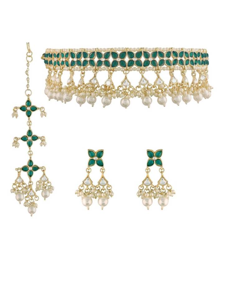 Traditional White Pearl & Kundan Studded Choker Necklace Jewellery Set For Women   