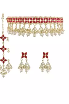 Traditional White Pearl & Kundan Studded Choker Necklace Jewellery Set For Women   