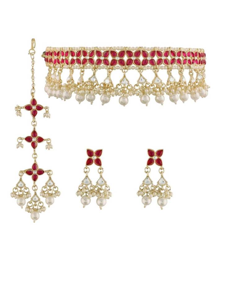 Traditional White Pearl & Kundan Studded Choker Necklace Jewellery Set For Women   