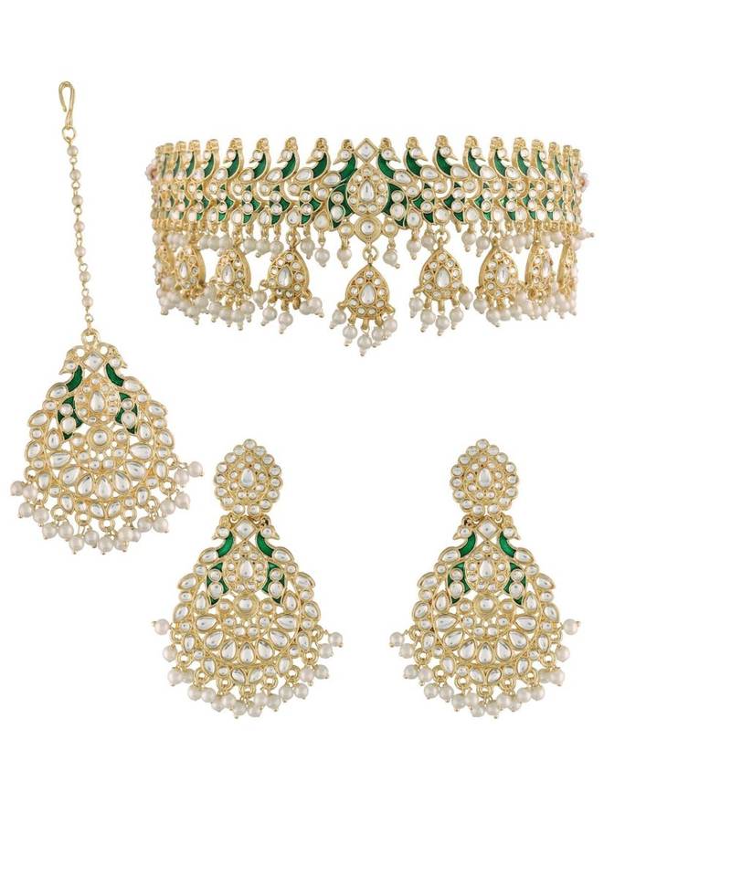 Traditional White Pearl & Kundan Studded Choker Necklace Jewellery Set For Women   