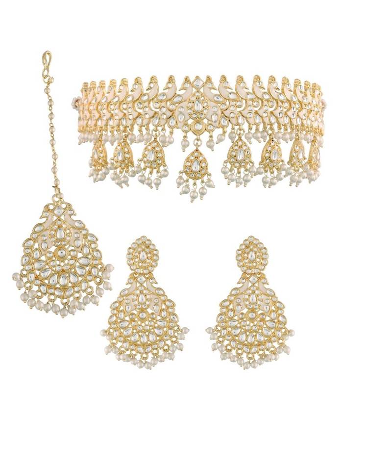 Traditional White Pearl & Kundan Studded Choker Necklace Jewellery Set For Women   