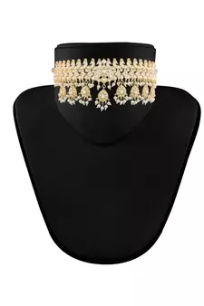 Traditional White Pearl & Kundan Studded Choker Necklace Jewellery Set For Women   