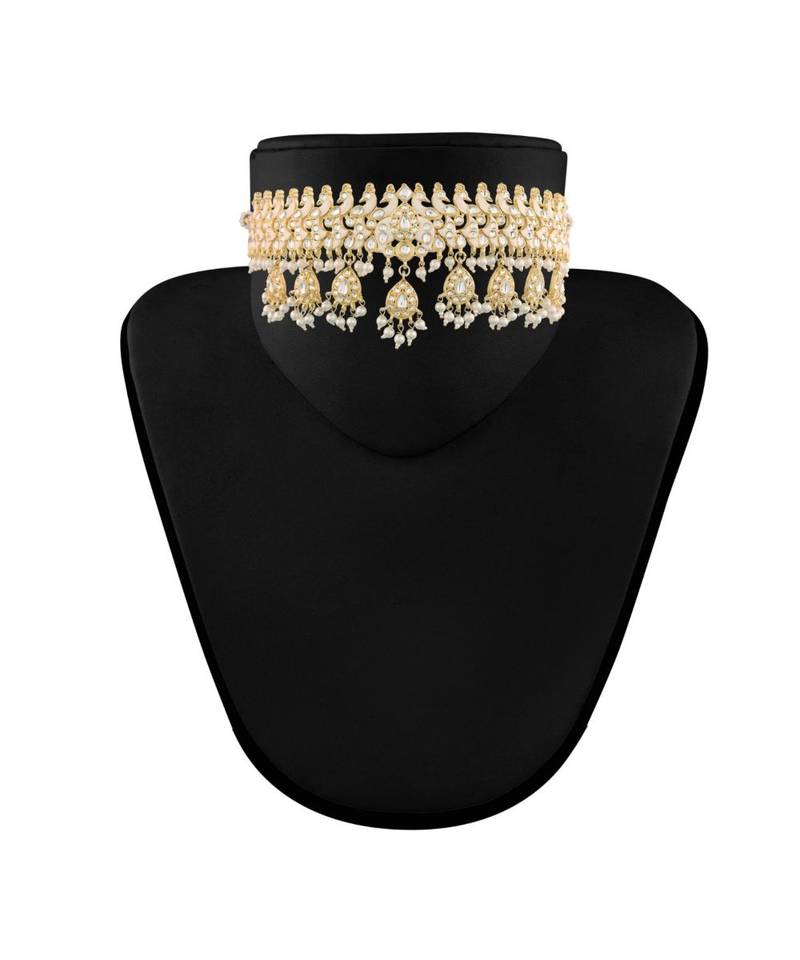 Traditional White Pearl & Kundan Studded Choker Necklace Jewellery Set For Women   