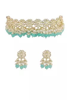  Traditional White Pearl & Kundan Studded Choker Necklace Jewellery Set For Women   