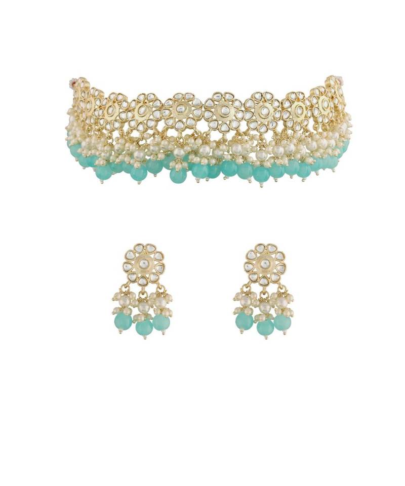  Traditional White Pearl & Kundan Studded Choker Necklace Jewellery Set For Women   