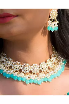  Traditional White Pearl & Kundan Studded Choker Necklace Jewellery Set For Women   