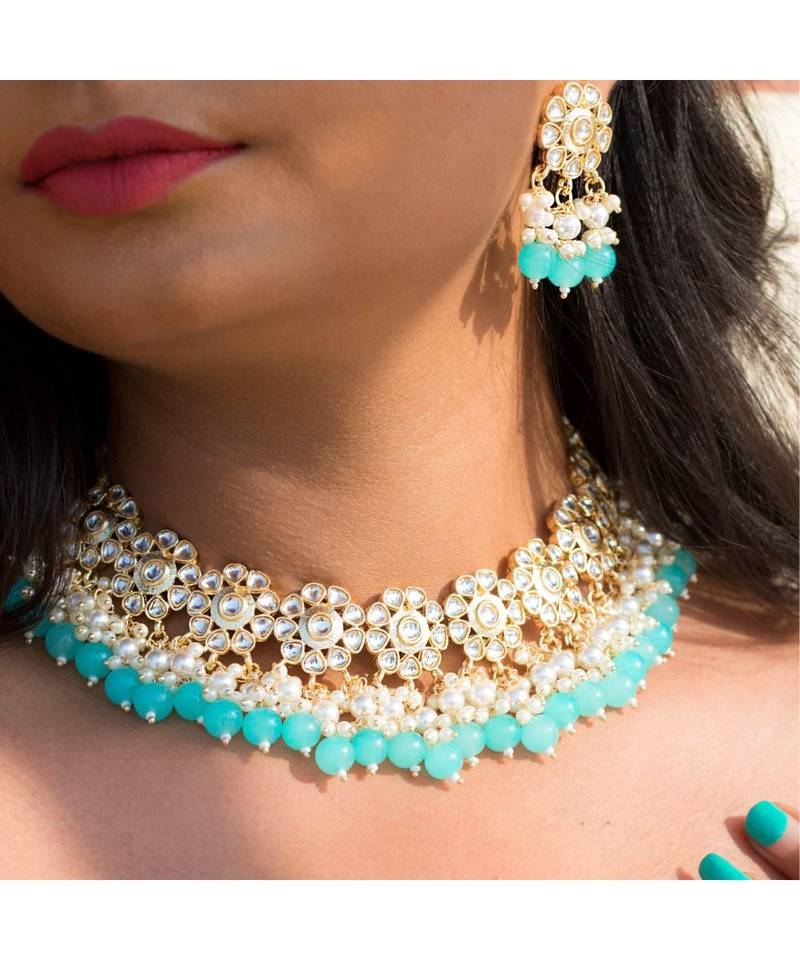  Traditional White Pearl & Kundan Studded Choker Necklace Jewellery Set For Women   