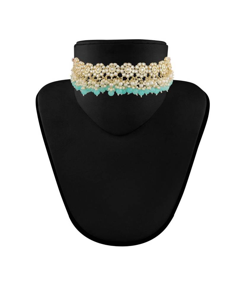  Traditional White Pearl & Kundan Studded Choker Necklace Jewellery Set For Women   
