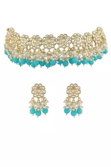 Traditional White Pearl & Kundan Studded Choker Necklace Jewellery Set For Women   