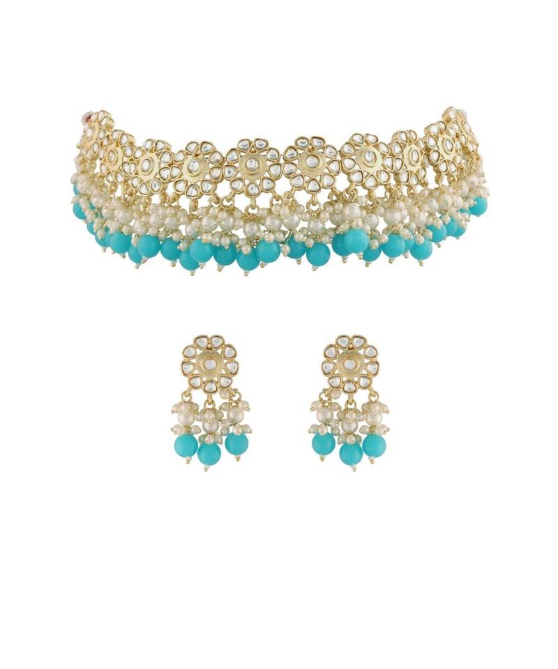 Traditional White Pearl & Kundan Studded Choker Necklace Jewellery Set For Women   