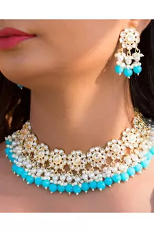 Traditional White Pearl & Kundan Studded Choker Necklace Jewellery Set For Women   