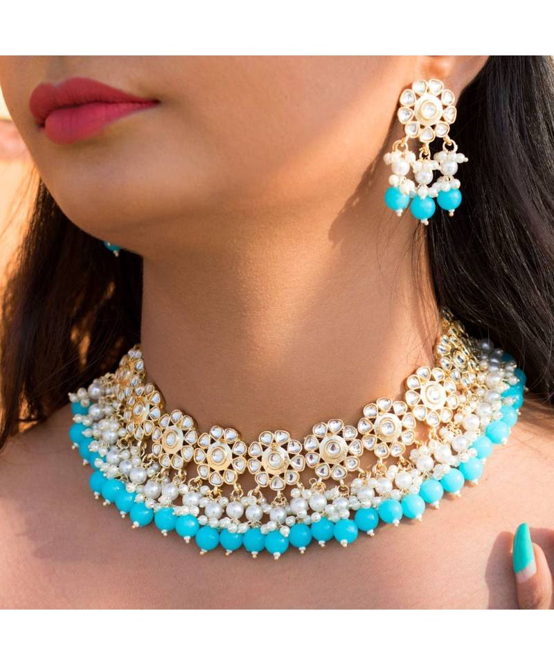 Traditional White Pearl & Kundan Studded Choker Necklace Jewellery Set For Women   
