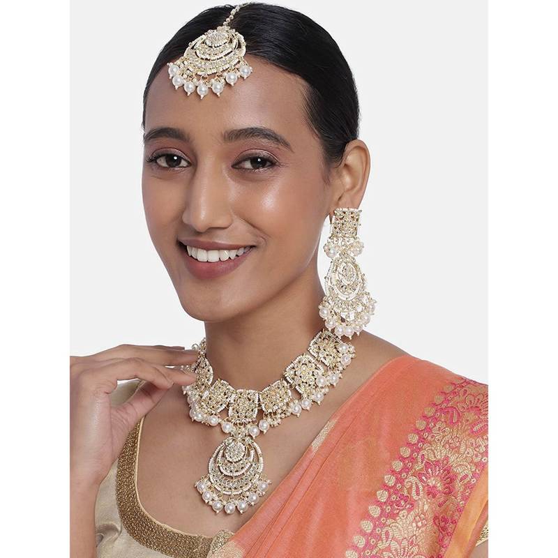 Traditional White Pearl & Kundan Studded Choker Necklace Jewellery Set For Women   