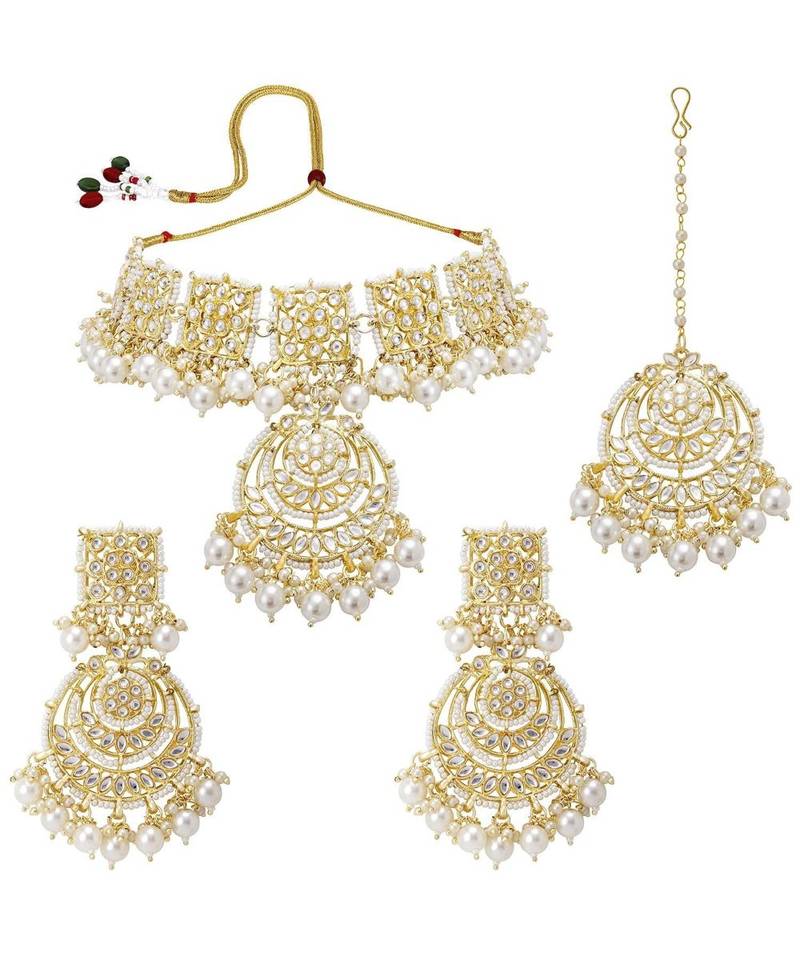 Traditional White Pearl & Kundan Studded Choker Necklace Jewellery Set For Women   
