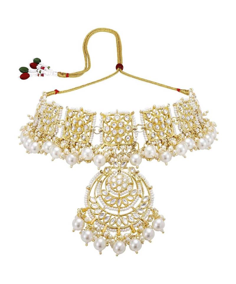 Traditional White Pearl & Kundan Studded Choker Necklace Jewellery Set For Women   