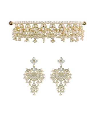 Traditional White Pearl & Kundan Studded Choker Necklace Jewellery Set For Women    2