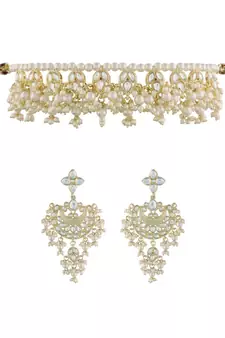 Traditional White Pearl & Kundan Studded Choker Necklace Jewellery Set For Women   