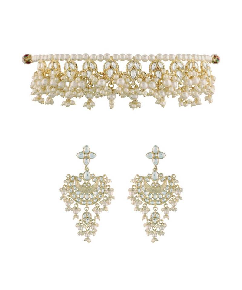 Traditional White Pearl & Kundan Studded Choker Necklace Jewellery Set For Women   