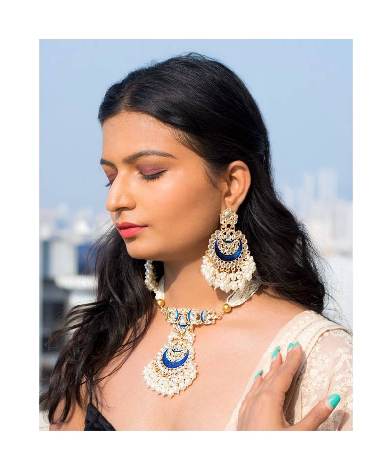 Traditional Meenakari Pearl & Kundan Studded Choker Necklace Jewellery Set For Women   