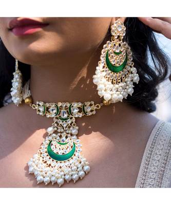Meenakari Pearl & Kundan Studded Choker Necklace Jewellery Set For Women    5