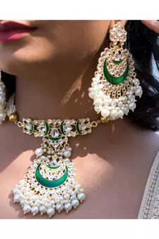 Meenakari Pearl & Kundan Studded Choker Necklace Jewellery Set For Women   