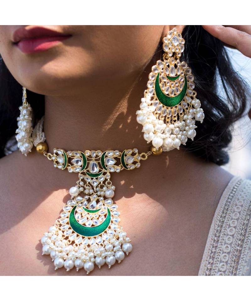 Meenakari Pearl & Kundan Studded Choker Necklace Jewellery Set For Women   
