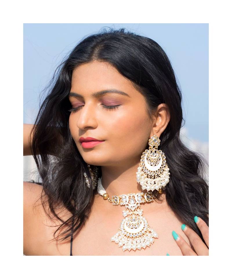 Traditional Meenakari Pearl & Kundan Studded Choker Necklace Jewellery Set For Women   