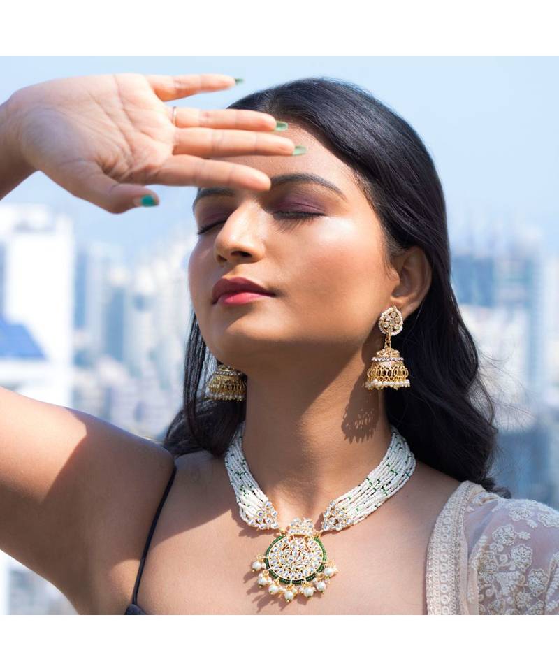 Traditional Multistrand Pearl Kundan Studded Necklace Jewellery Set For Women 