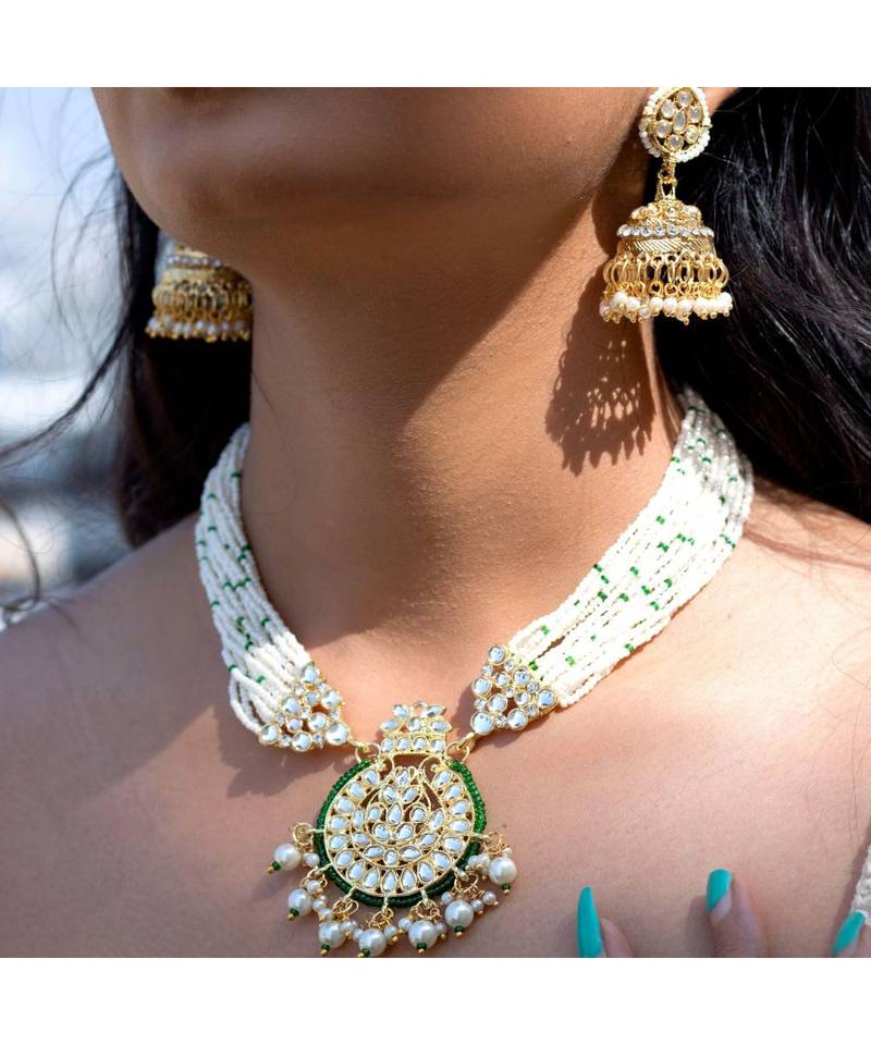 Traditional Multistrand Pearl Kundan Studded Necklace Jewellery Set For Women 