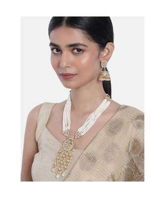 Traditional Multistrand Pearl Kundan Studded Necklace Jewellery Set For Women  1