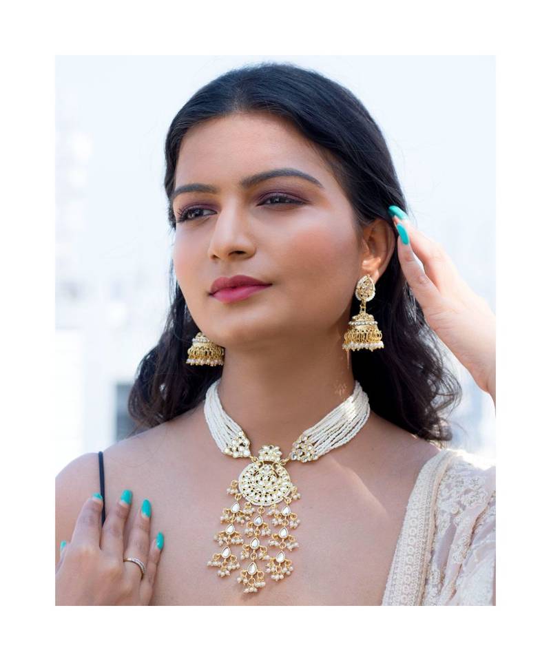 Traditional Multistrand Pearl Kundan Studded Necklace Jewellery Set For Women 