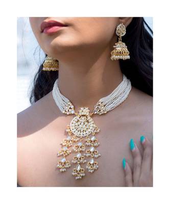 Traditional Multistrand Pearl Kundan Studded Necklace Jewellery Set For Women  4