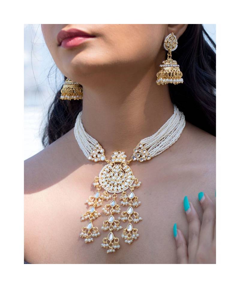 Traditional Multistrand Pearl Kundan Studded Necklace Jewellery Set For Women 