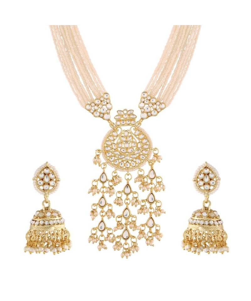 Traditional Multistrand Pearl Kundan Studded Necklace Jewellery Set For Women 