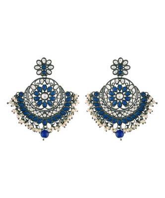 Silver Oxidised Traditional Kundan & Stone Studded Chandbali Earrings For Women (E2947ZBl) 1