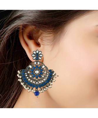 Silver Oxidised Traditional Kundan & Stone Studded Chandbali Earrings For Women (E2947ZBl) 2