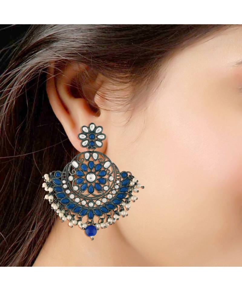 Silver Oxidised Traditional Kundan & Stone Studded Chandbali Earrings For Women (E2947ZBl)