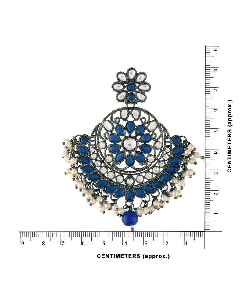 Silver Oxidised Traditional Kundan & Stone Studded Chandbali Earrings For Women (E2947ZBl)