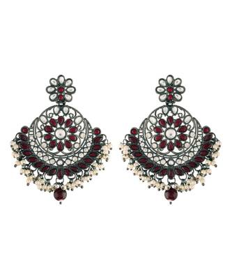 Silver Oxidised Traditional Kundan & Stone Studded Chandbali Earrings For Women (E2947ZM) 1