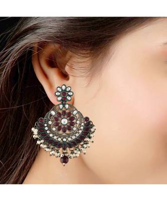 Silver Oxidised Traditional Kundan & Stone Studded Chandbali Earrings For Women (E2947ZM) 2