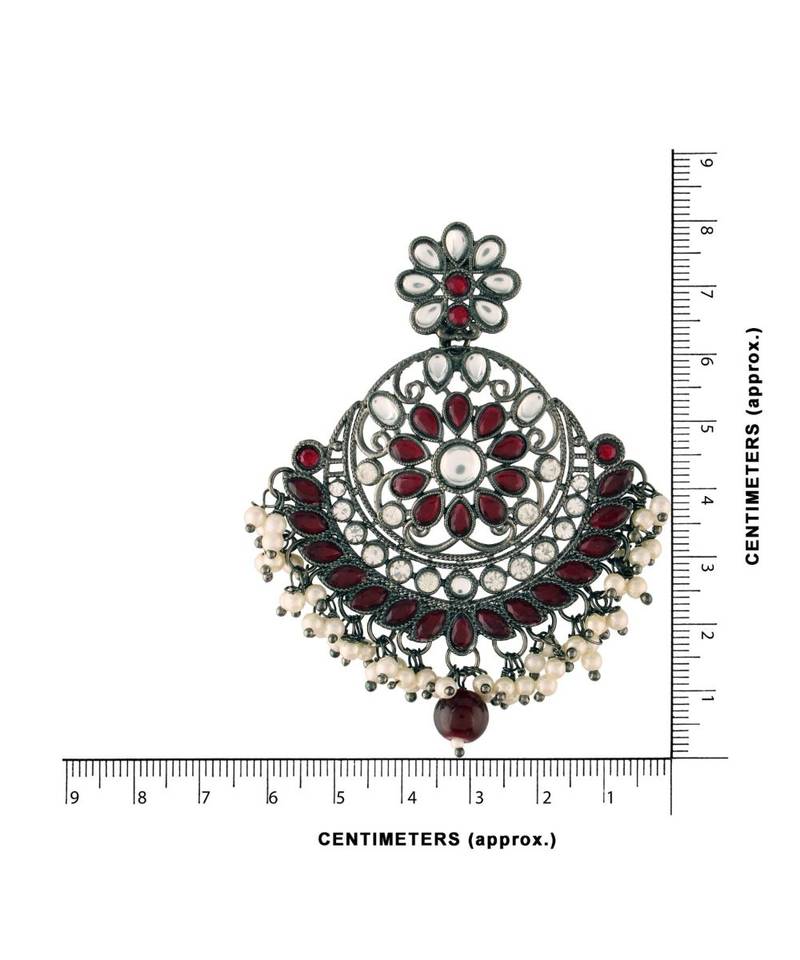 Silver Oxidised Traditional Kundan & Stone Studded Chandbali Earrings For Women (E2947ZM)