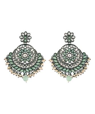 Silver Oxidised Traditional Kundan & Stone Studded Chandbali Earrings For Women  1