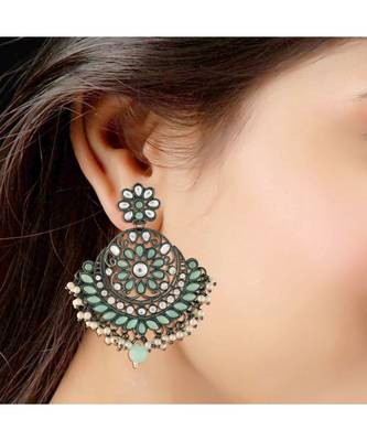 Silver Oxidised Traditional Kundan & Stone Studded Chandbali Earrings For Women  2