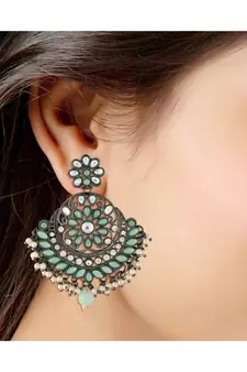 Silver Oxidised Traditional Kundan & Stone Studded Chandbali Earrings For Women 