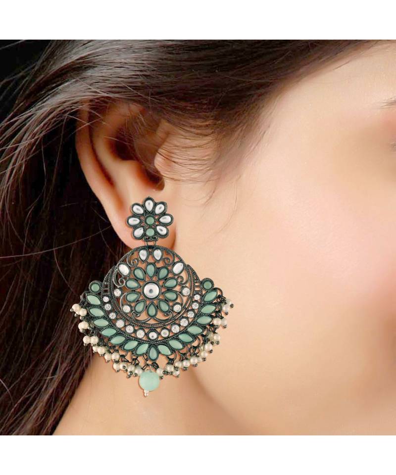 Silver Oxidised Traditional Kundan & Stone Studded Chandbali Earrings For Women 