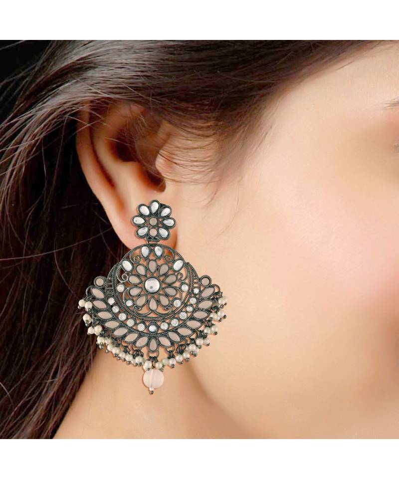 Silver Oxidised Traditional Kundan & Stone Studded Chandbali Earrings For Women (E2947ZPe)