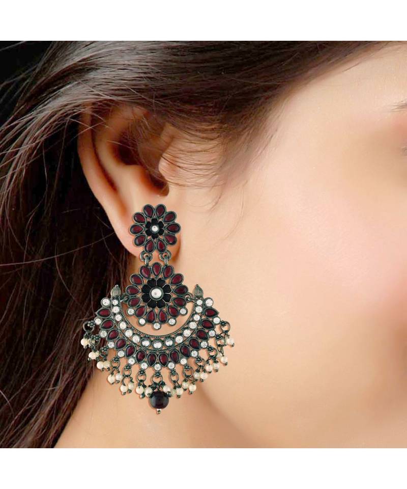 Silver Oxidised Traditional Meenakari Kundan & Stone Studded Chandbali Earrings For Women (E2948ZM)