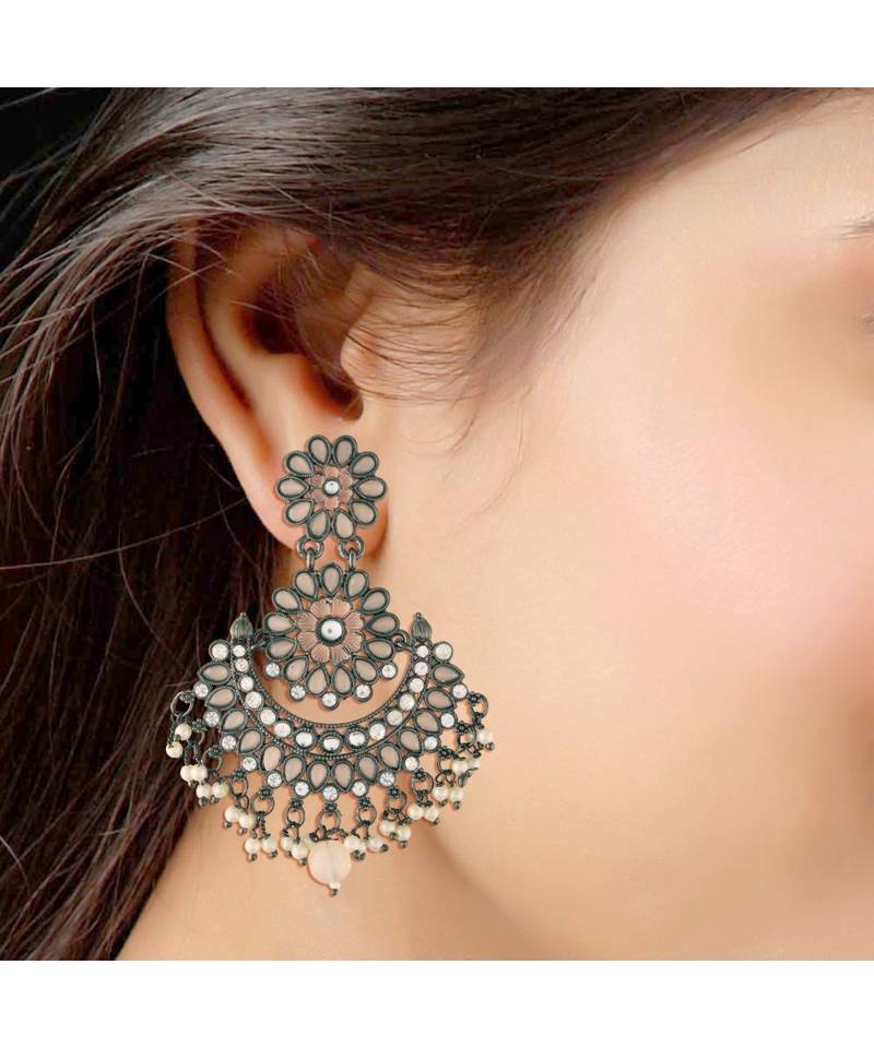 Silver Oxidised Traditional Meenakari Kundan & Stone Studded Chandbali Earrings For Women 